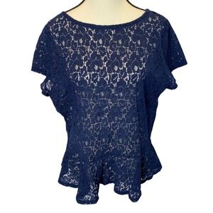 Gap Sheer Floral Lace Peplum Blouse Womens XL Navy Blue Romantic Chic Y2K 90's